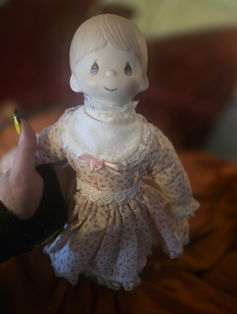 Precious Moments Vintage Porcelain Doll with Pink Floral Dress